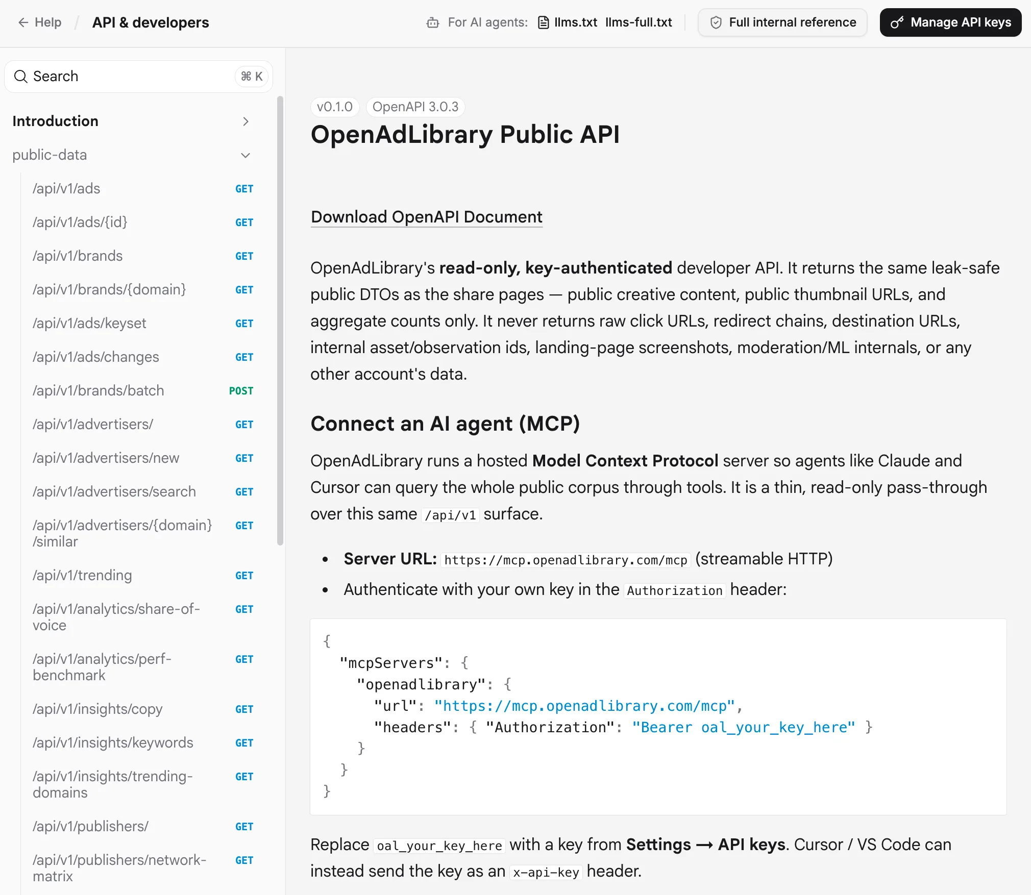 OpenAdLibrary API & MCP developer docs