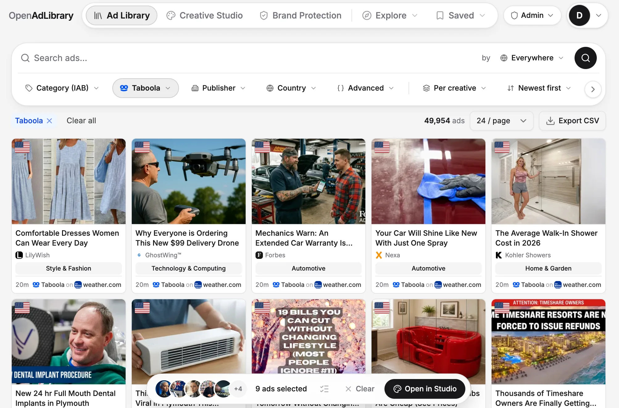 OpenAdLibrary ad library card grid