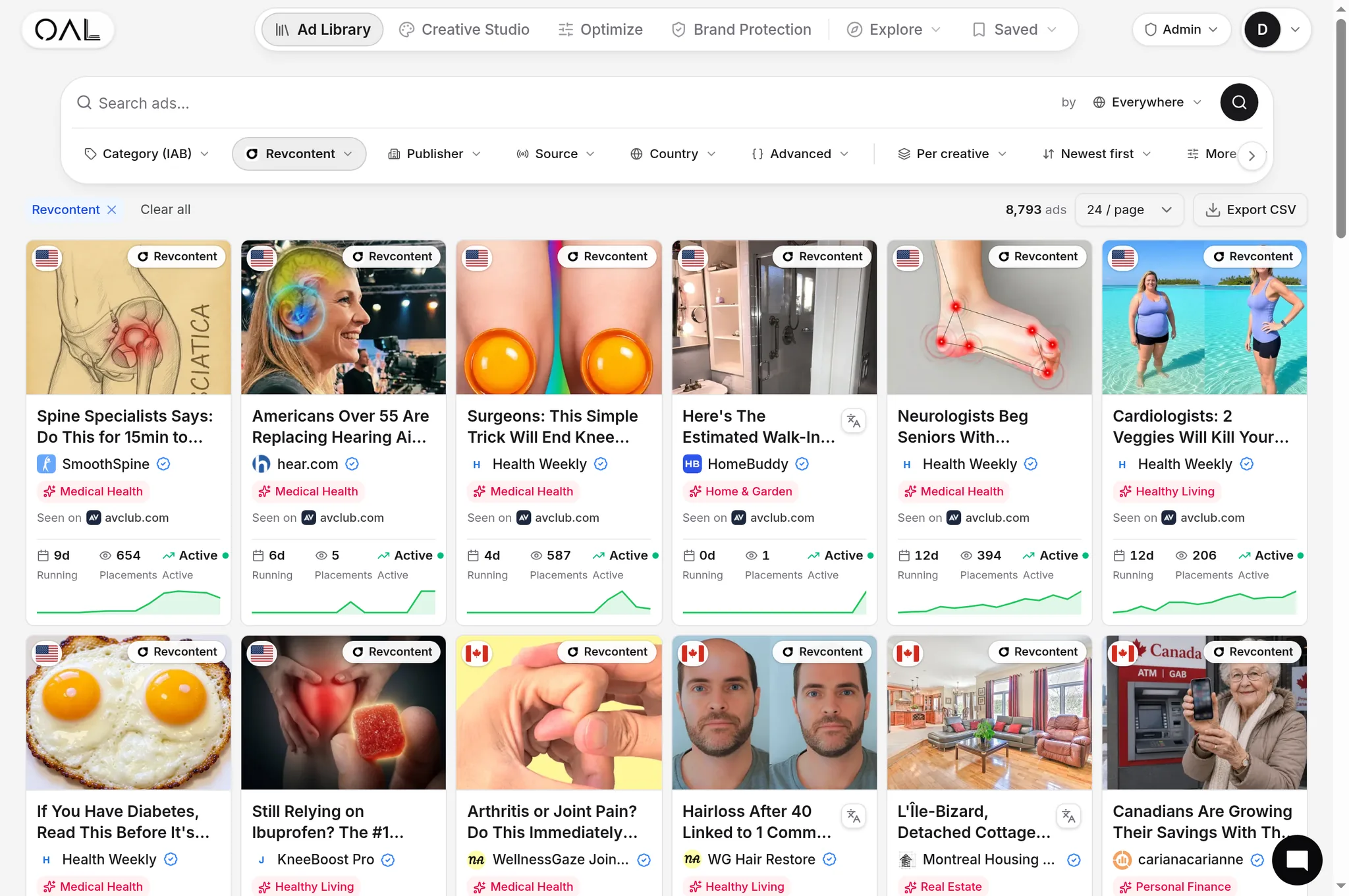 The OpenAdLibrary ad library filtered to RevContent