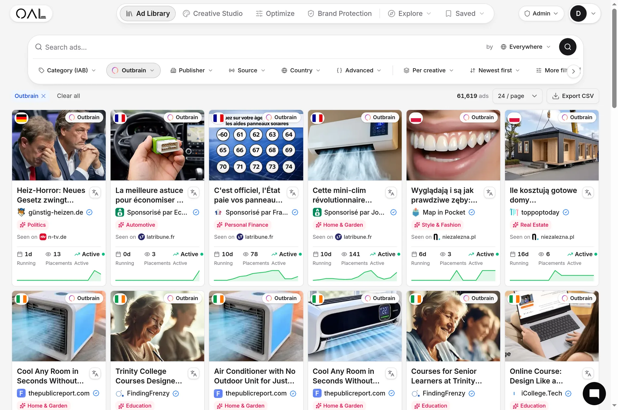 The OpenAdLibrary ad library filtered to Teads