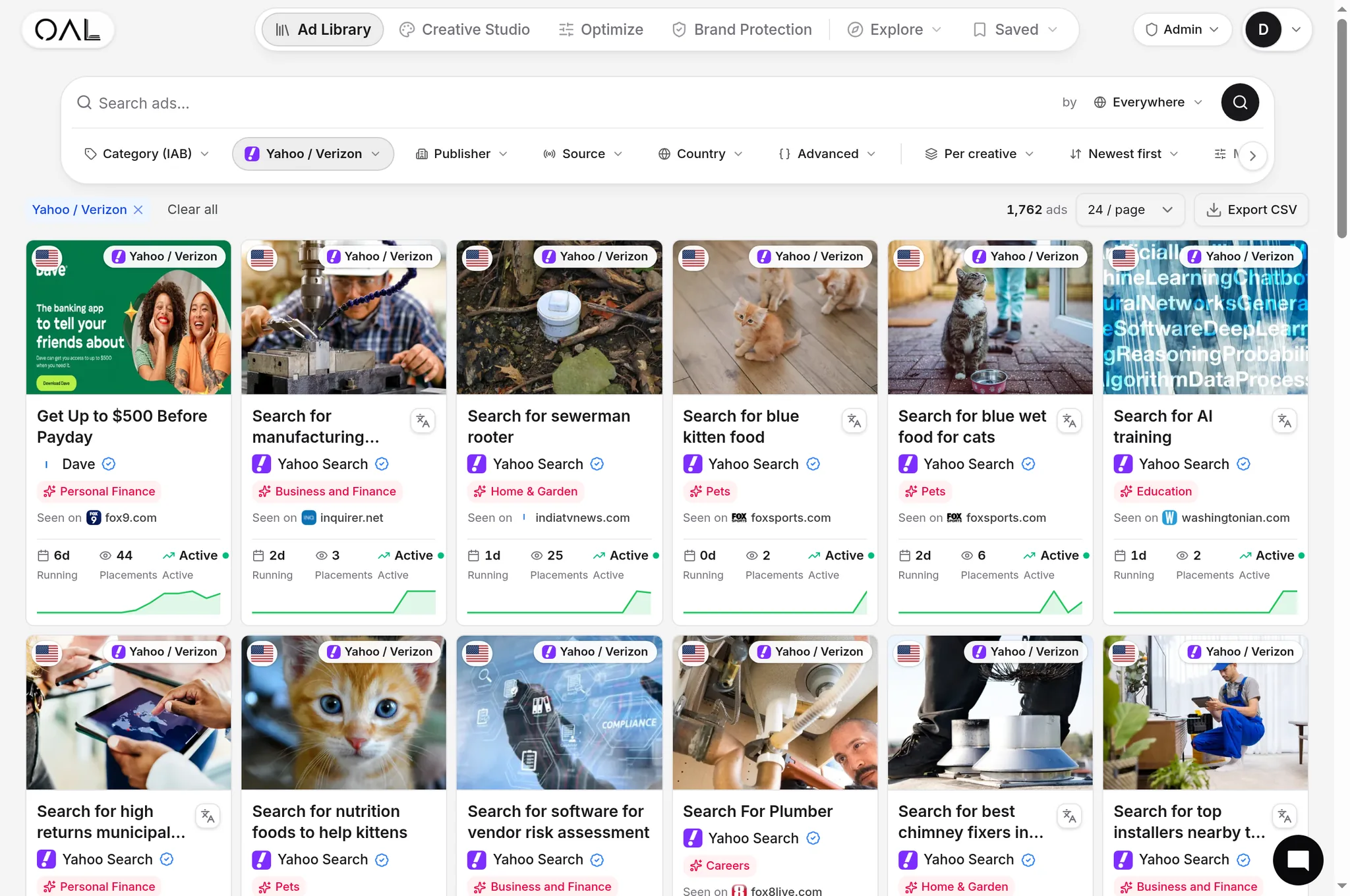 The OpenAdLibrary ad library filtered to Yahoo Native
