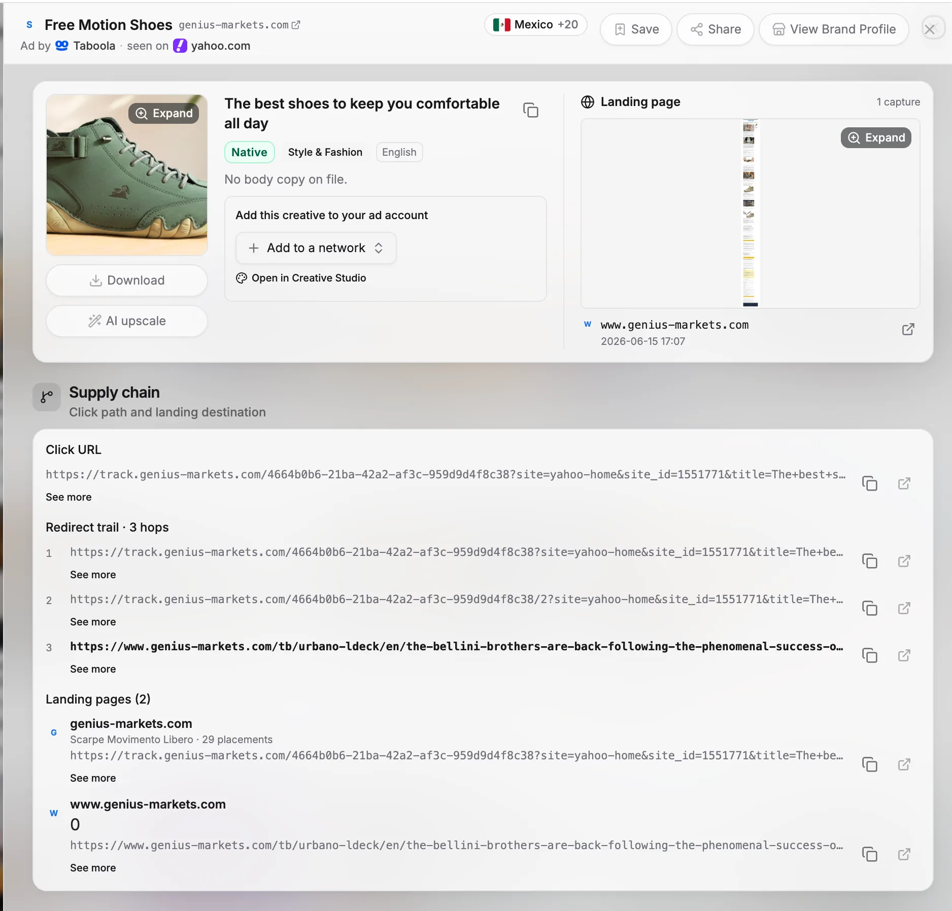 OpenAdLibrary ad detail drawer with supply-chain trail